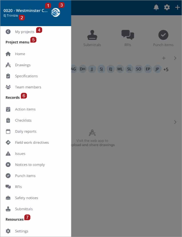 Project view for an open project in tablet (portrait view) 